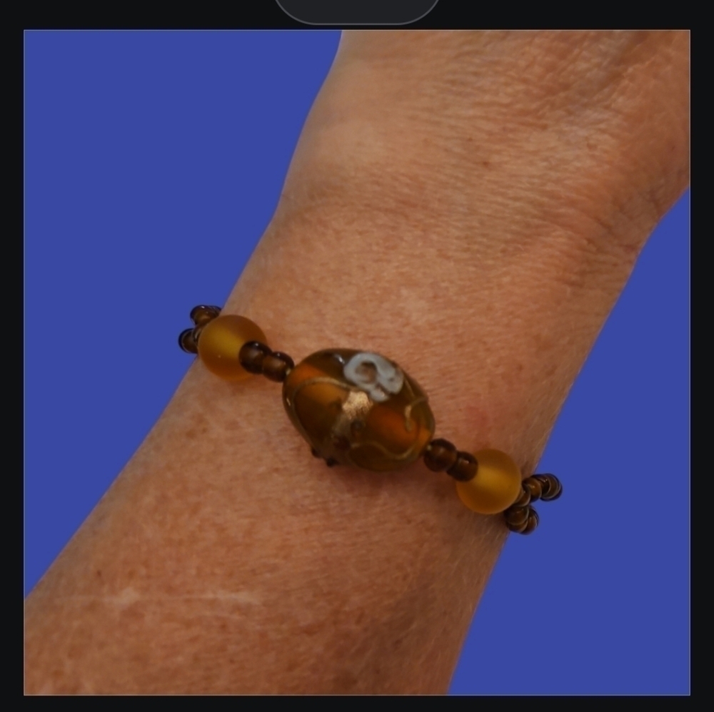 3/$30 HANDMADE Amber Glass Lampwork Focal Beaded Tennis Bracelet
